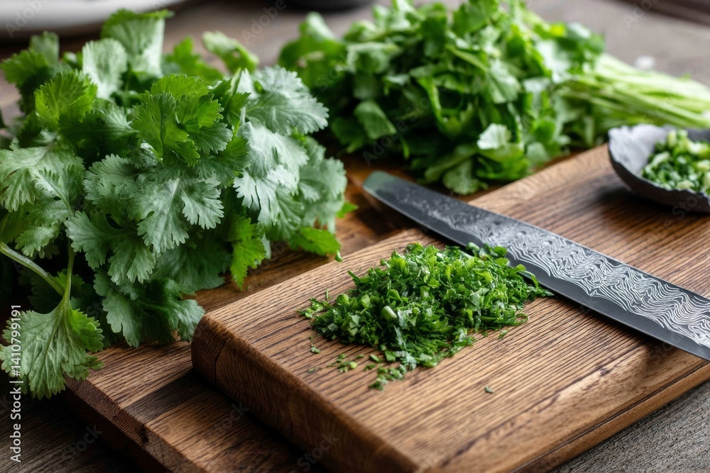 Fresh, chopped cilantro on a wooden cutting board, perfect for culinary creations. Fresh, chopped cilantro on a wooden cutting board, perfect for culinary creations.