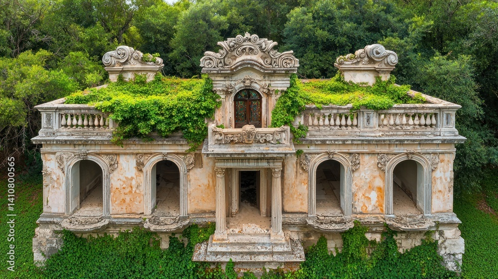 Fototapeta premium Overgrown, ornate building with vine-covered rooftop, dilapidated façade, and aged pillars