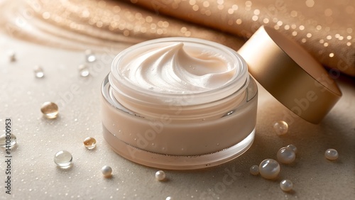Luxurious cream in glass jar against shimmering background with pearls and sparkles highlighting its richness and appeal for skincare enthusiasts Generative AI skincare, cream, luxurious, glass, 