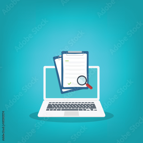 Online digital document inspection or assessment evaluation on laptop computer, contract review, analysis, inspection of agreement contract, compliance verification. Vector illustration