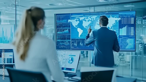 Analysts reviewing global data on screen