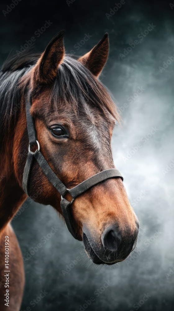 Obraz premium Majestic brown horse gazing calmly against a misty background in a serene environment