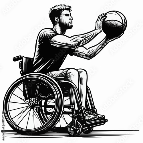 Concentrated wheelchair basketball player preparing to shoot, focused mood, black and white illustration