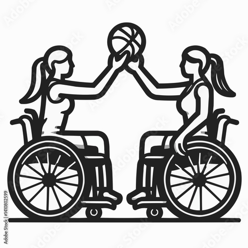 Two women in wheelchairs playing basketball together, promoting inclusivity and teamwork