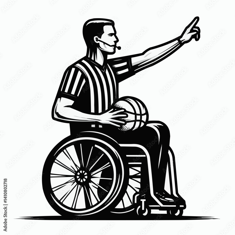 Wheelchair referee signaling call while holding basketball, representing inclusivity in sports officiating
Wheelchair referee signaling call while holding basketball, representing inclusivity in sports officiating
