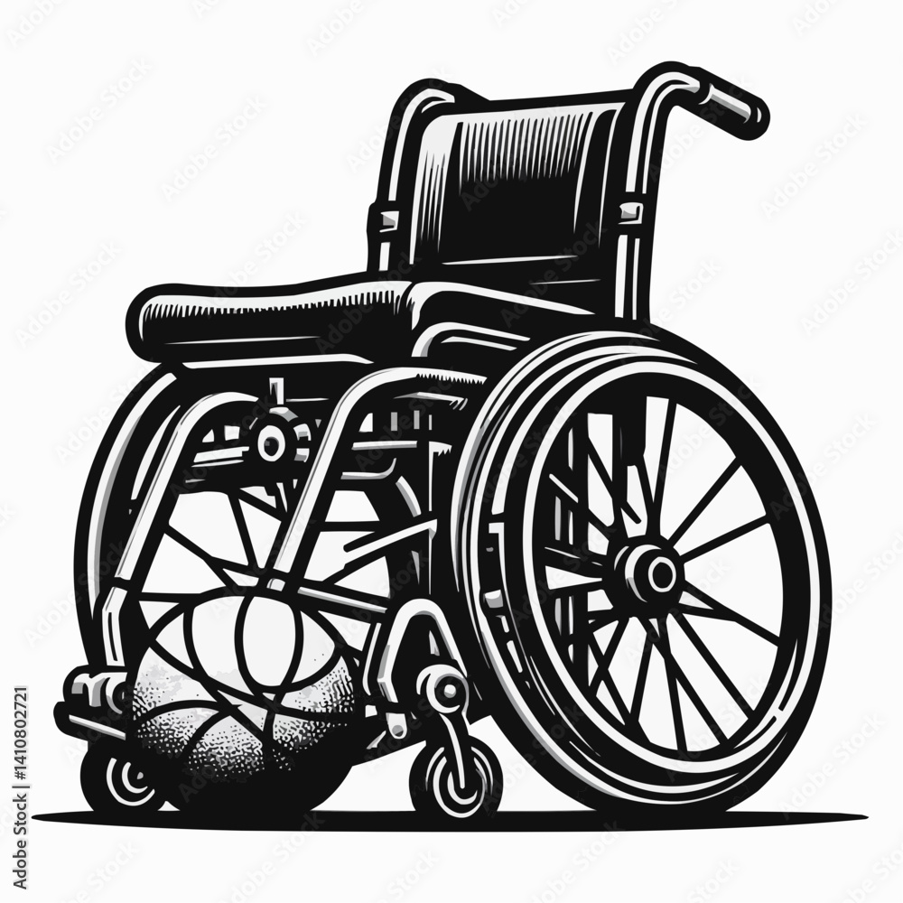 Stylized illustration of wheelchair with basketball, symbolizing accessibility and sports inclusivity