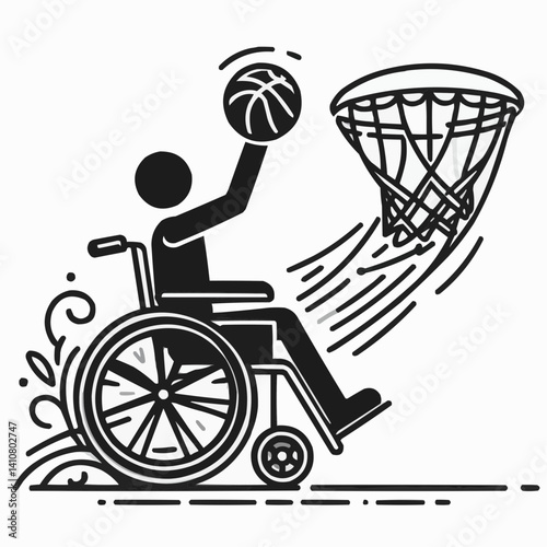 Dynamic illustration of wheelchair basketball player dunking into hoop, showcasing determination and skill
