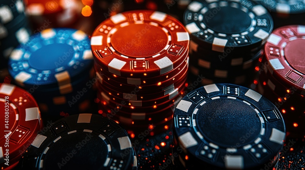 Piles of vibrant red, blue, and dark gambling chips with bokeh background Piles of vibrant red, blue, and dark gambling chips with bokeh background