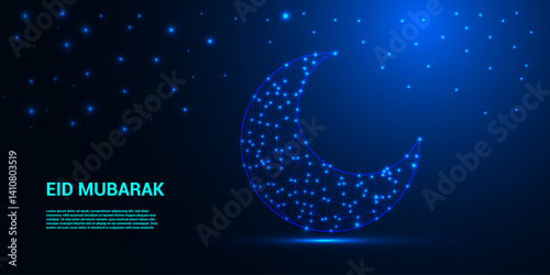 Abstract Islamic symbol crescent and star. Ramadan Kareem background. Low poly style design. Wireframe light connection structure