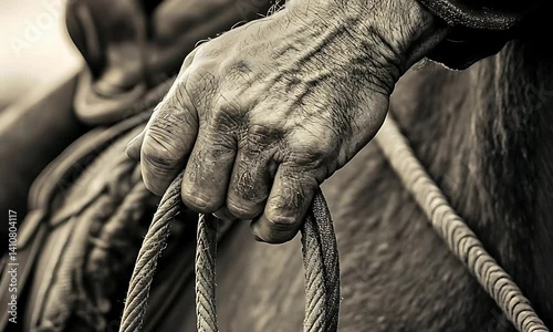 Close-up of weathered cowboy's hand gripping reins.