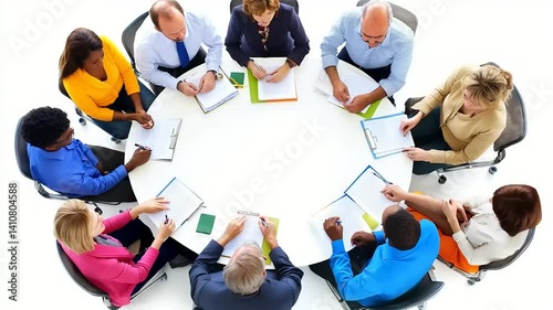Diverse team discussing documents at round table