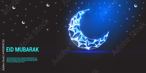 Abstract Islamic symbol crescent and star. Ramadan Kareem background. Low poly style design. Wireframe light connection structure