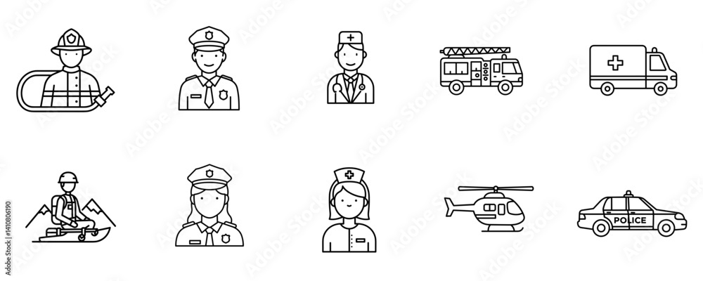 Emergency service and vehicles icons in simple line art Emergency service and vehicles icons in simple line art