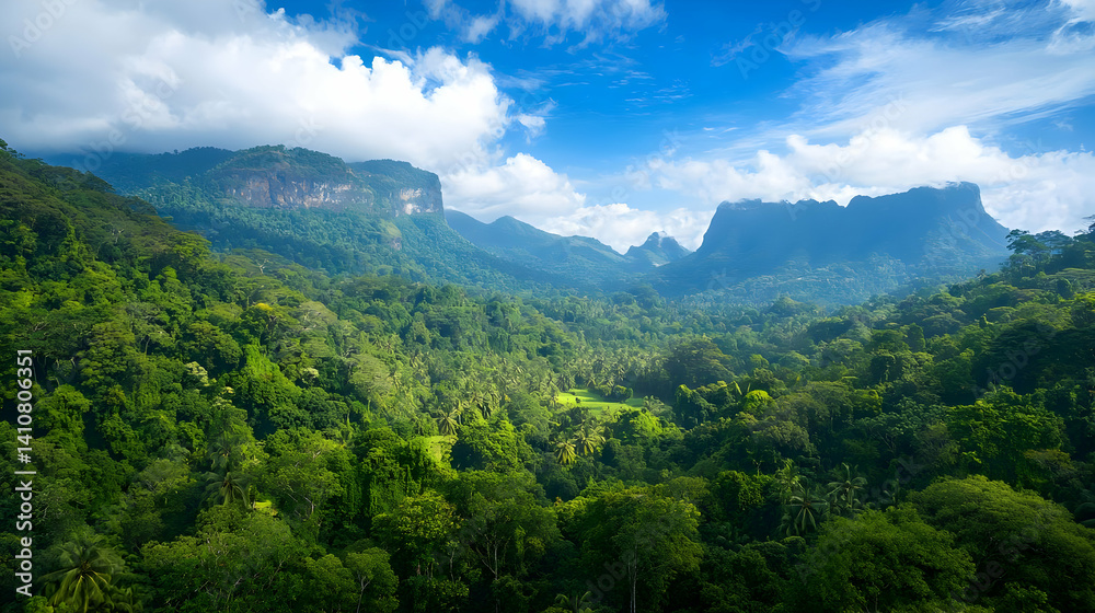 Fototapeta premium Panoramic View Of Lush Green Valley Between Mountains