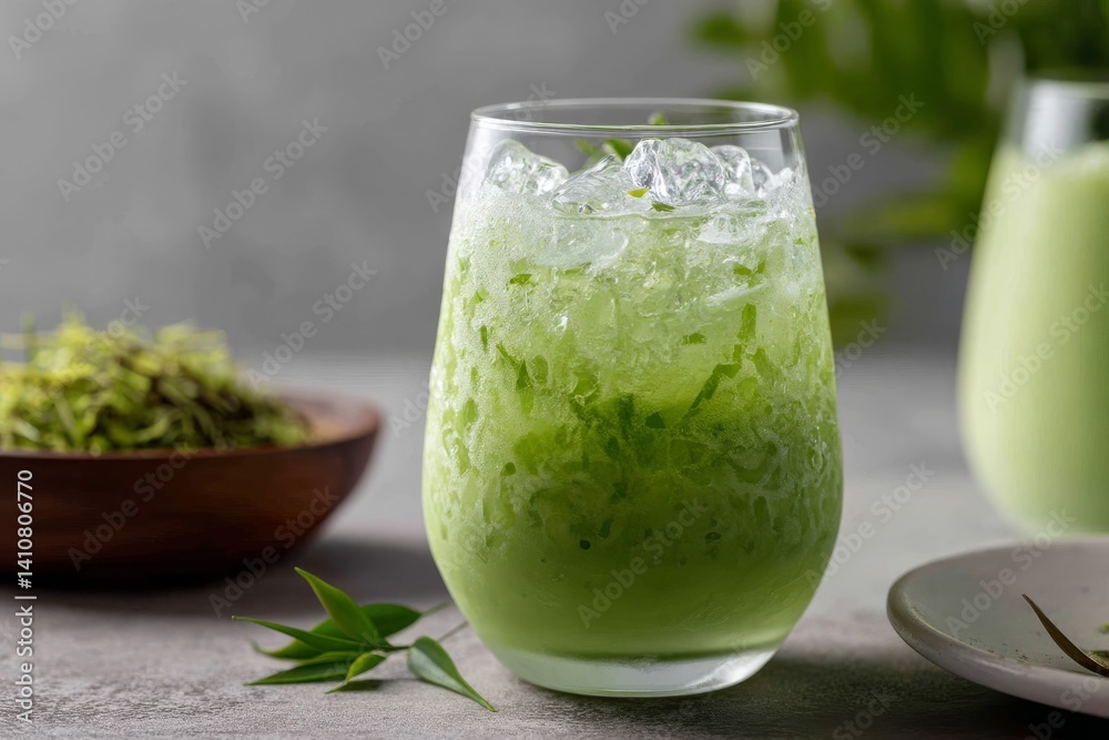Refreshing matcha latte, a cool and creamy green tea beverage served with ice in a glass. Refreshing matcha latte, a cool and creamy green tea beverage served with ice in a glass.