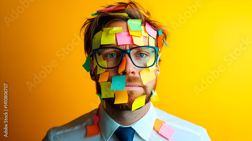 A man with a face covered in colorful sticky notes