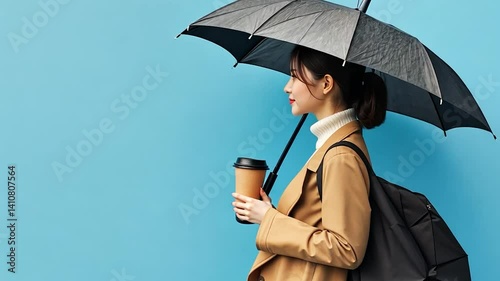 Woman with Umbrella and Coffee Cup in City