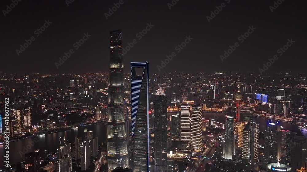 4K Real Time Aerial view of Shanghai skyscrapers in downtown at night 4K Real Time Aerial view of Shanghai skyscrapers in downtown at night