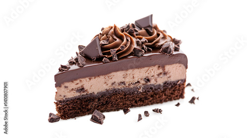 A slice of chocolate cake with chocolate chips on top