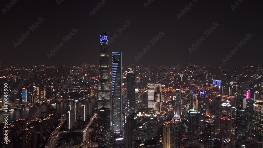 4K Real Time Aerial view of Shanghai skyscrapers in downtown at night 4K Real Time Aerial view of Shanghai skyscrapers in downtown at night