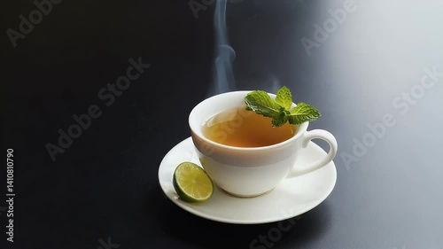 A steaming cup of tea garnished with mint and a lime wedge, inviting relaxation and warmth.