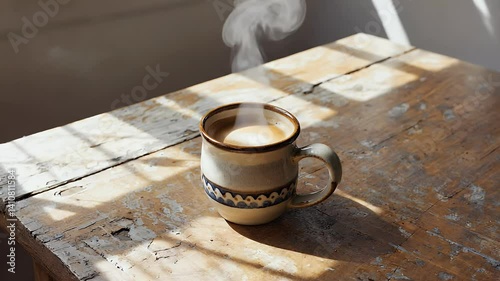 A steaming cup of coffee sits on a rustic wooden table, illuminated by soft sunlight.