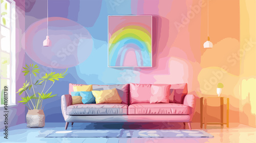 Professional Image of Light Living Room with Sofa and Rainbow Painting