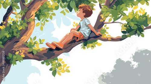 Child Boy Playing on Tree Branch Vector Illustration - st1.eps