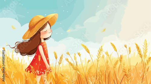 Professional Vector Illustration of Little Girl Posing in Wheat Field for Creative Projects