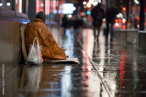 A homeless man seeks shelter on a rainy city street amidst blurred pedestrian traffic and bright city lights.