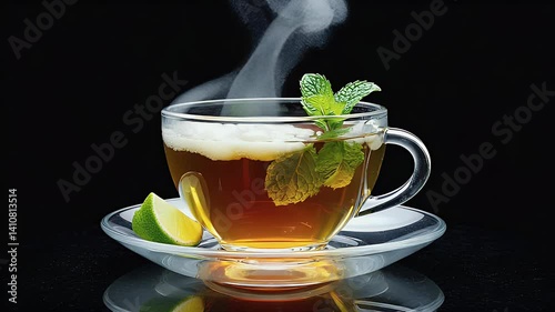 A steaming cup of tea with mint leaves and a lime wedge, presented on a glass saucer.