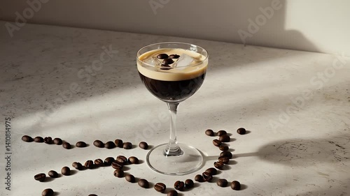 A stylish cocktail glass filled with dark coffee and topped with cream, surrounded by coffee beans.