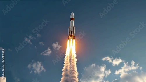 Powerful Rocket Ascending Steadily After Liftoff, with Intense Flames and Thick Smoke Billowing Outward