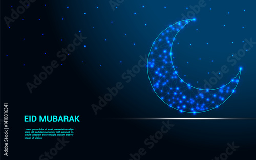 Abstract Islamic symbol crescent and star. Ramadan Kareem background. Low poly style design. Wireframe light connection structure