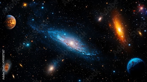 An awe-inspiring view of the universe, showcasing a vibrant galaxy surrounded by colorful planets, stars, and celestial phenomena, inviting curiosity and wonder about the cosmos.