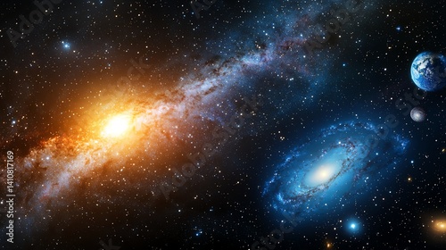 A stunning cosmic scene depicting vibrant galaxies and distant stars. This image captures the beauty of the universe, showcasing the wonders of space and celestial bodies.