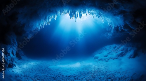 A stunning underwater scene showcasing crystal-clear blue waters illuminated by beams of light filtering through ice formations