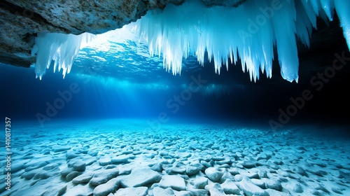 A stunning underwater view showcasing unique ice formations hanging from above. The crystal-clear water reveals a sandy ocean floor, creating a tranquil and captivating scene.