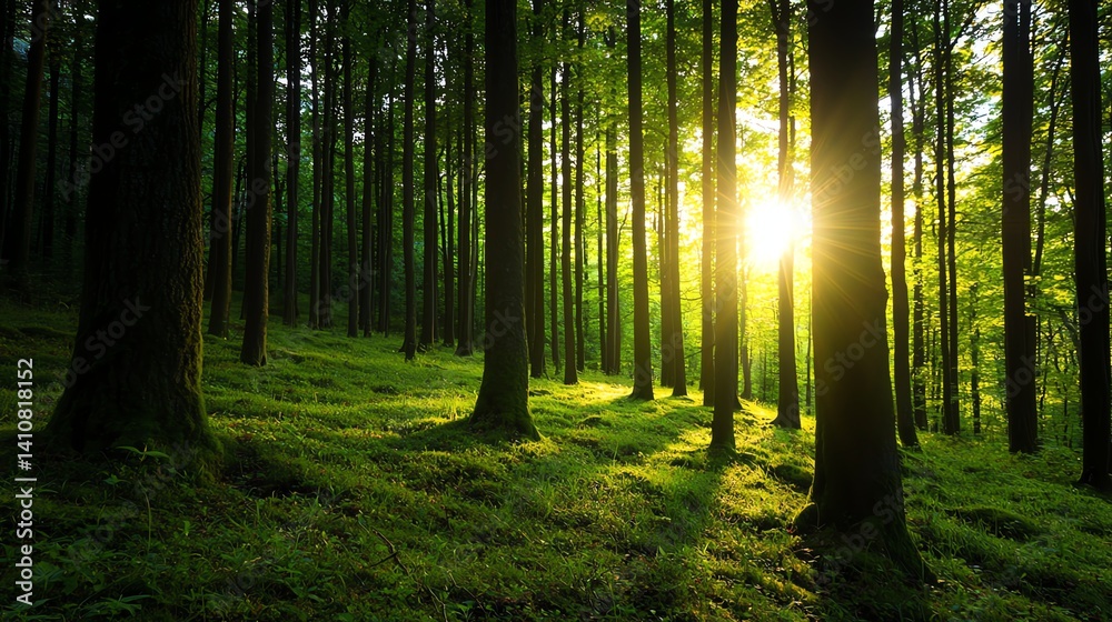 Obraz premium A serene forest scene with tall trees bathed in golden sunlight. The vibrant green foliage creates a tranquil atmosphere, inviting moments of reflection and a connection to nature.
