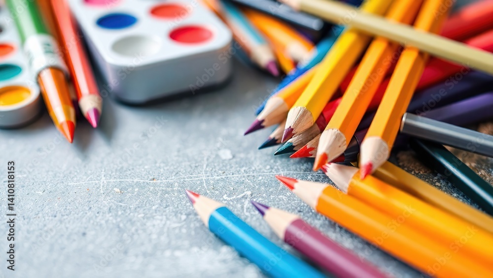 Naklejka premium Colorful Art Supplies Close-Up on a Table, Ready for Creative Expression