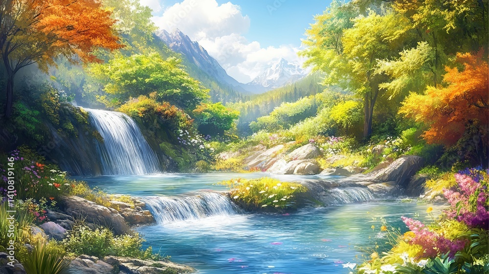 Fototapeta premium Serene waterfall landscape with lush green trees and colorful flowers mountain view sky art blue