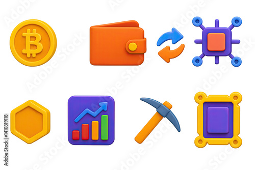 3D icon set of cryptocurrency: bitcoin coin, crypto wallet, exchange arrows, blockchain chip, market chart, token icon, mining pickaxe, NFT frame
