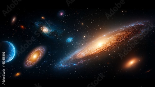 A stunning view of the universe showcasing various galaxies, stars, and planets