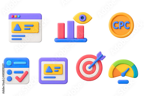 Obraz na płótnie 3D icon set of ad management: ad manager screen, budget tool, impressions graph, CPC icon, reach gauge, campaign selector, ad preview, target icon. w salonie