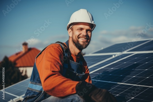 Portrait of a construction worker installs solar panel on the roof of a house