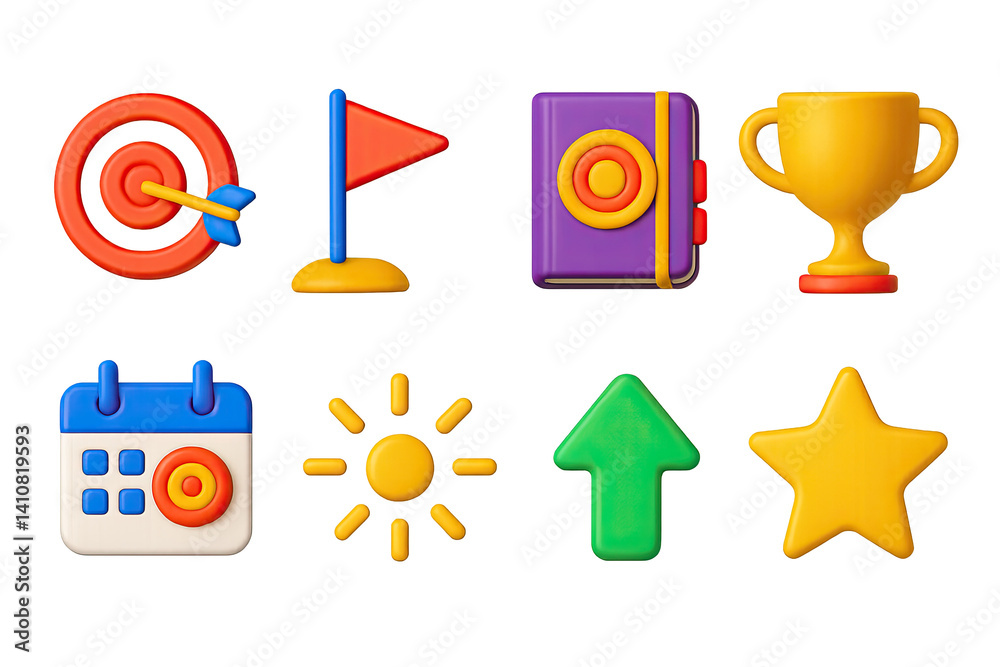 3D icon set of goal setting: bullseye, target arrow, milestone flag, goal notebook, trophy icon, calendar goal, focus beam, success icon.