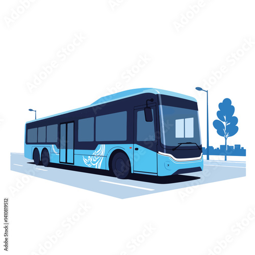 Modern electric bus in vibrant blue on city street, sustainable transport