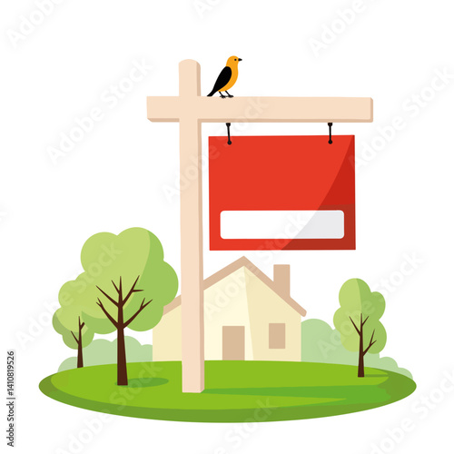 "House for Sale" sign in suburban setting with bird, real estate concept