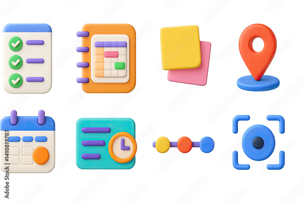 3D icon set of planning tools: to-do list, daily planner, sticky notes, goal marker, event calendar, time slot, timeline, focus icon.