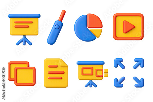 Obraz na płótnie 3D icon set of mobile presentation tools: slideshow screen, laser pointer, pie chart, play button, slide transition, presentation notes, pitch deck, full screen icon. w salonie